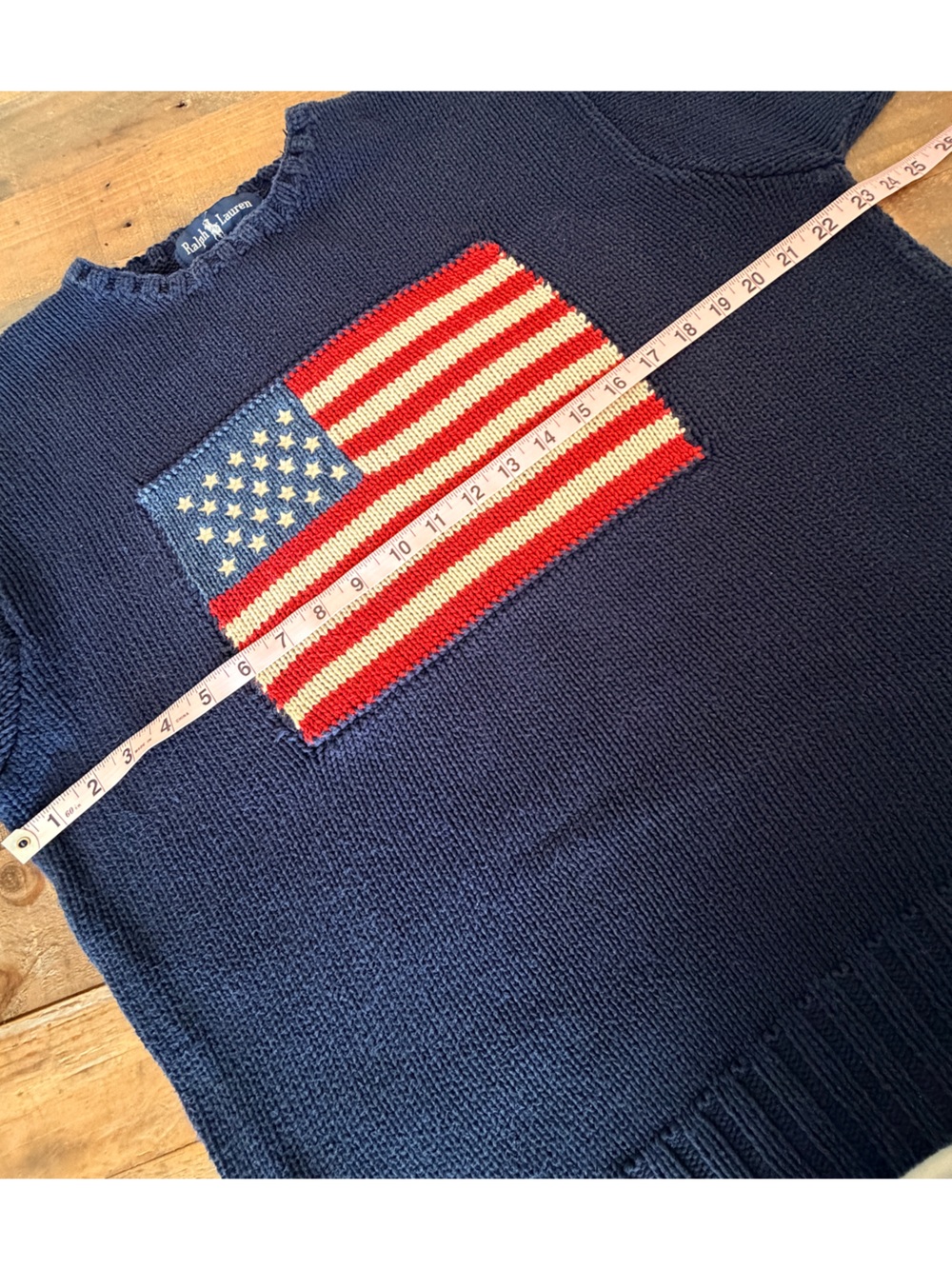 Vintage 90s Ralph Lauren American Flag Sweater Navy Blue Large Cotton USA Preppy - Picture 5 of 7